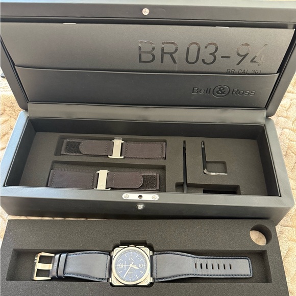 BELL & ROSS BR03-94 Blue Steel Watch Automatic Chronograph 42mm Leather Band - Picture 8 of 9